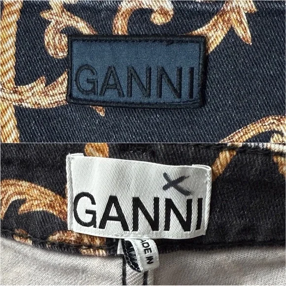 GANNI 90s Baroque Logo Print Denim‎ High Rise Cropped Bootcut Flare Leg Jeans 26